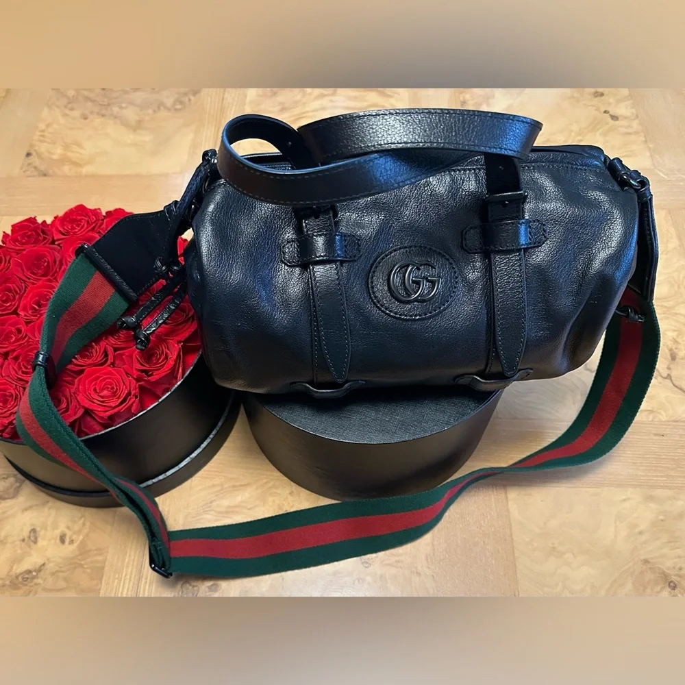 Authentic Gucci Double G Men’s Black Football Bag with Brown Monogram Interior